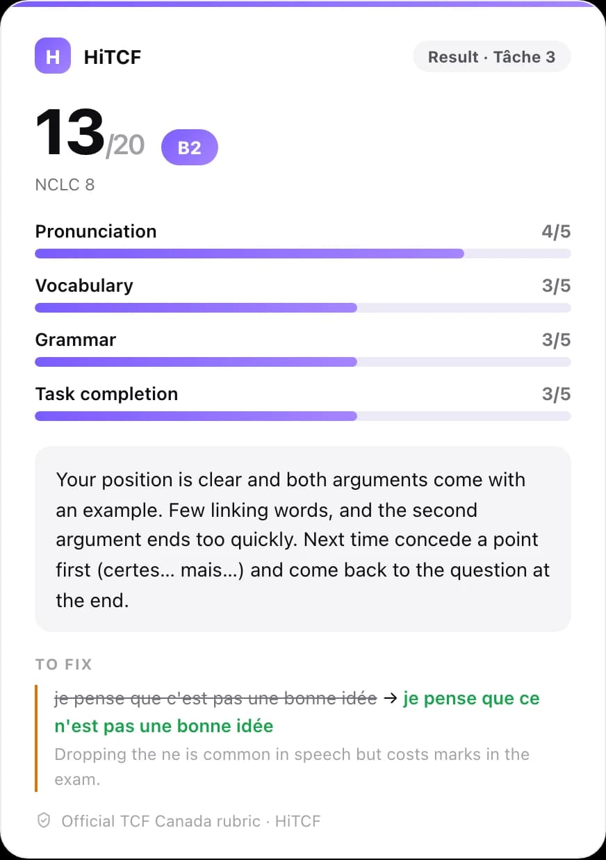 The HiTCF score card in ChatGPT: score out of 20, level, four criteria and a sentence-level correction