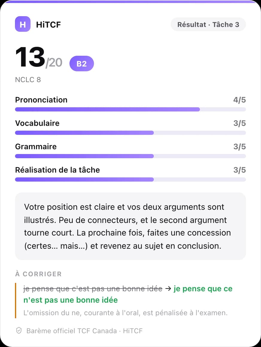 La carte de résultat HiTCF dans ChatGPT : note sur 20, niveau, quatre critères et une correction