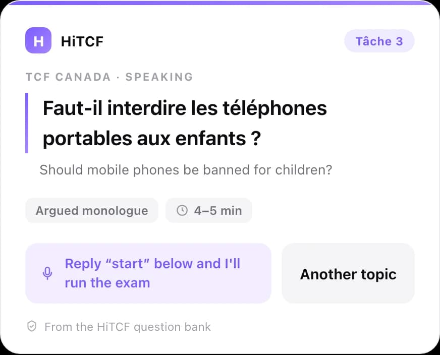 The HiTCF topic card in ChatGPT: a Tâche 3 subject with its translation