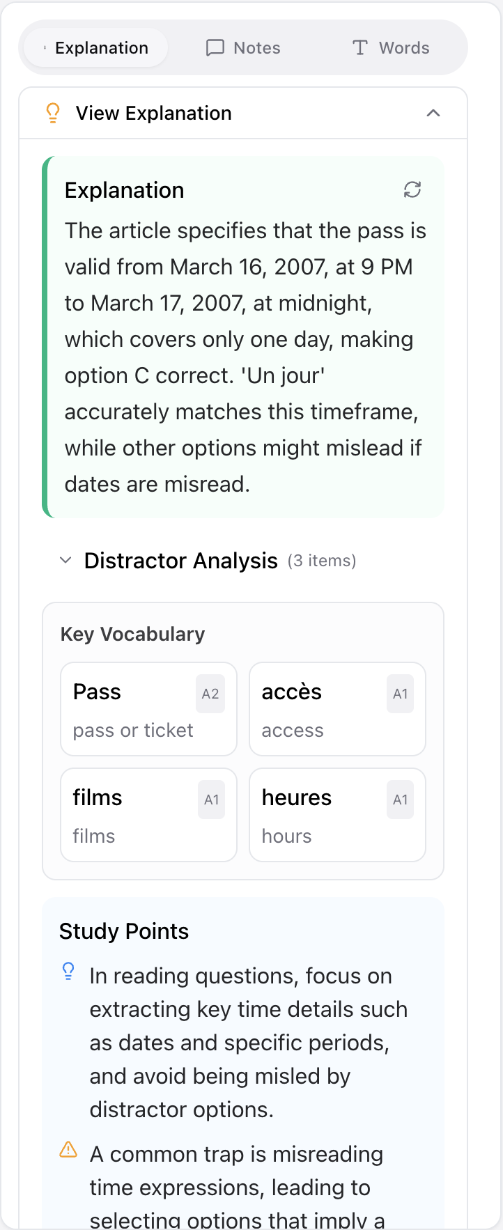 Answer explanation panel with per-option distractor analysis