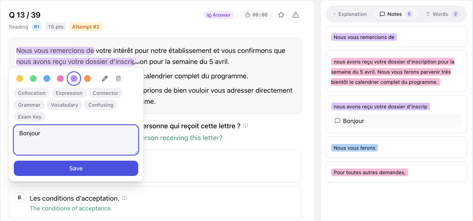 Text highlighting with color options, tags and a note editor