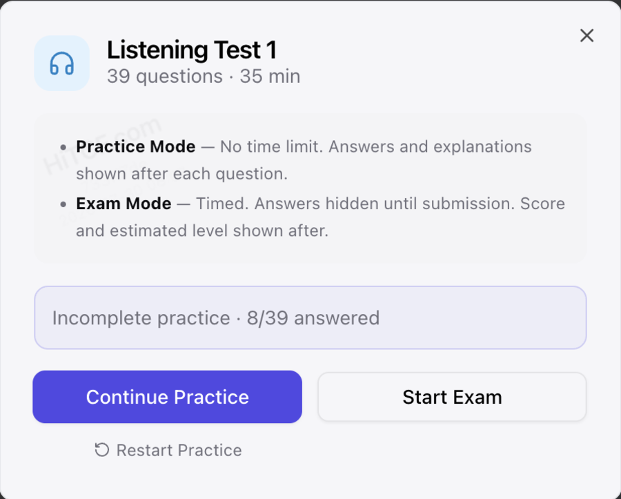 Set dialog offering practice mode or exam mode, with the option to resume an unfinished attempt