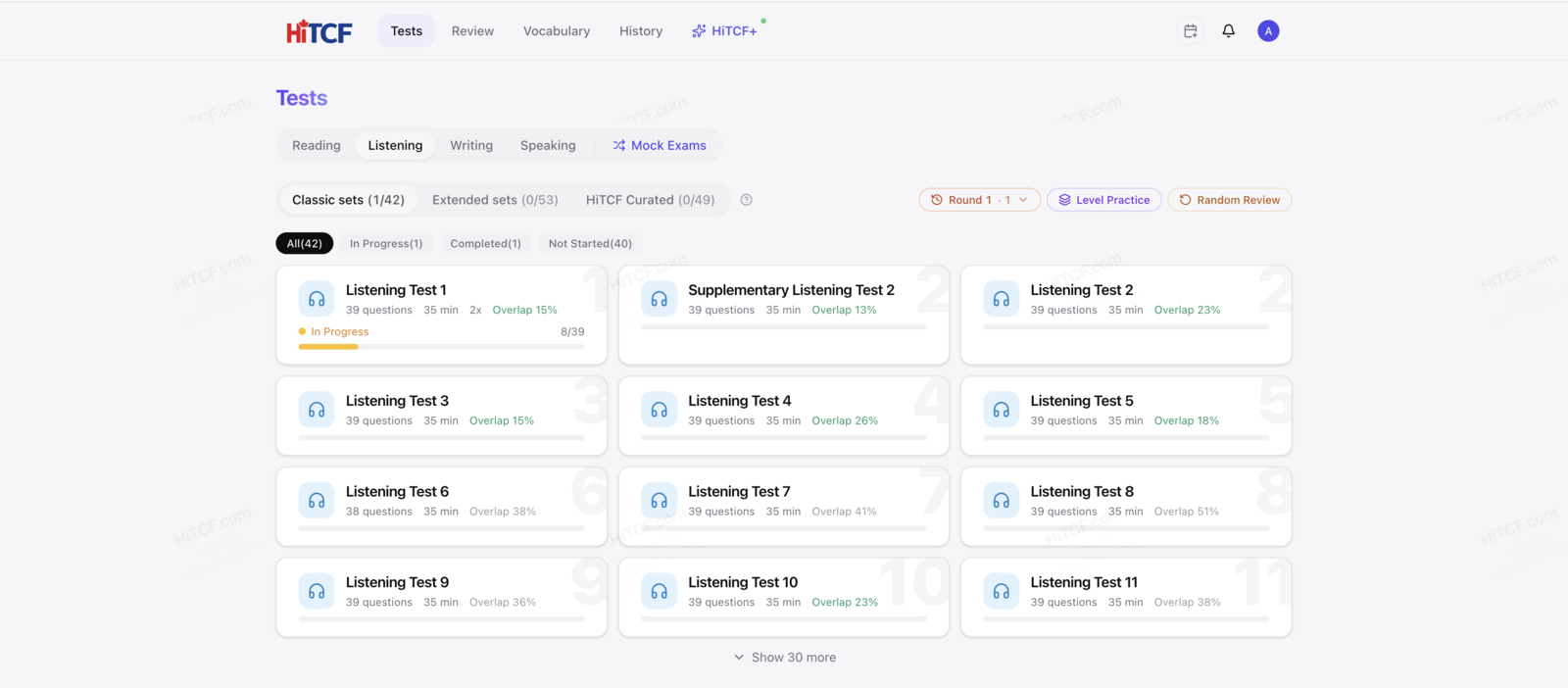 Question bank page with subject tabs and set cards showing item count, duration and progress