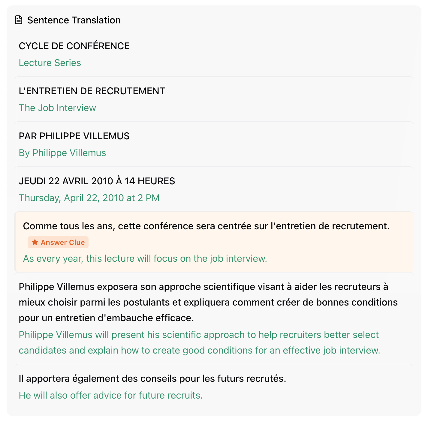 Transcription avec lecture phrase par phrase et traduction