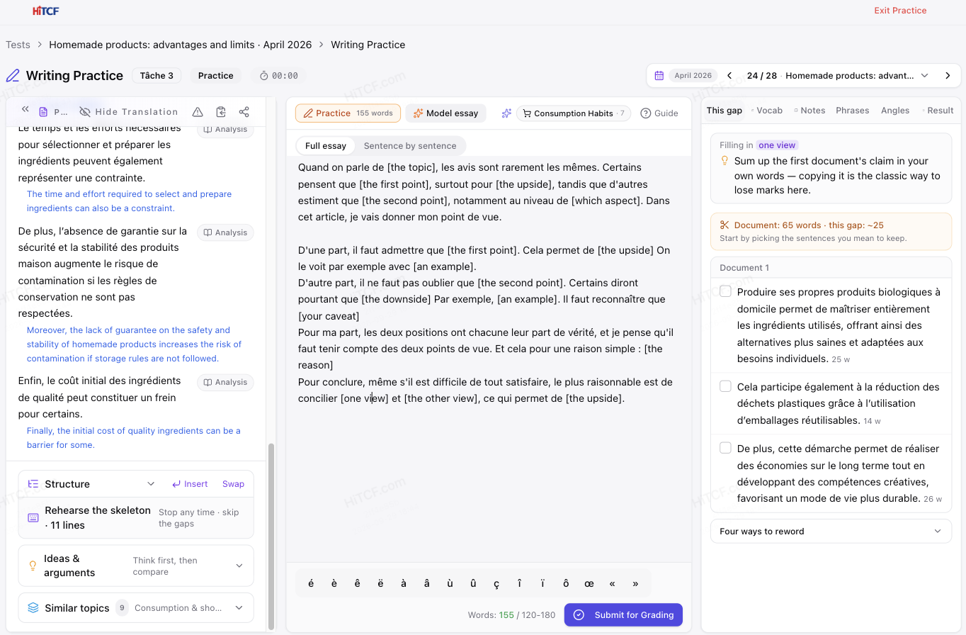 Page d'entraînement à l'écrit : une fois la charpente insérée, le curseur est dans le blanc « le premier avis » et la colonne de droite affiche le premier document avec la consigne de le résumer avec vos propres mots