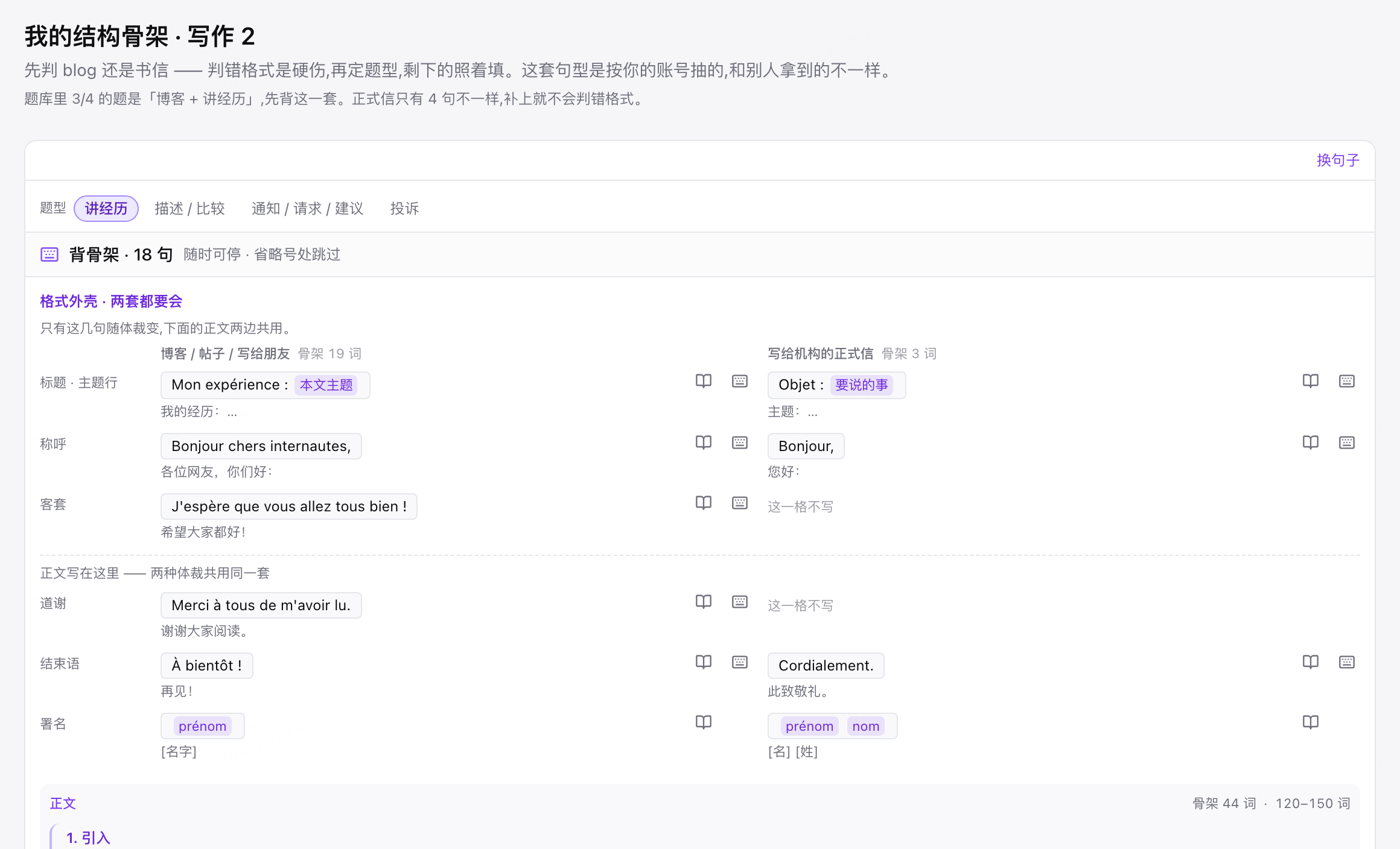 写作 Tâche 2 骨架页:上方选题型,下面把博客和正式信两套格式外壳并排摆出来
